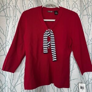 NEW Knit Chic Red V-Neck Sweater with Navy & White Stripe Tie